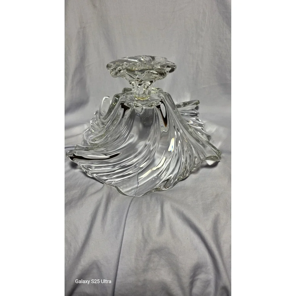 Vintage Clear Art Glass Ruffled Centerpiece Bowl Swirl Pedestal Fruit Dish
